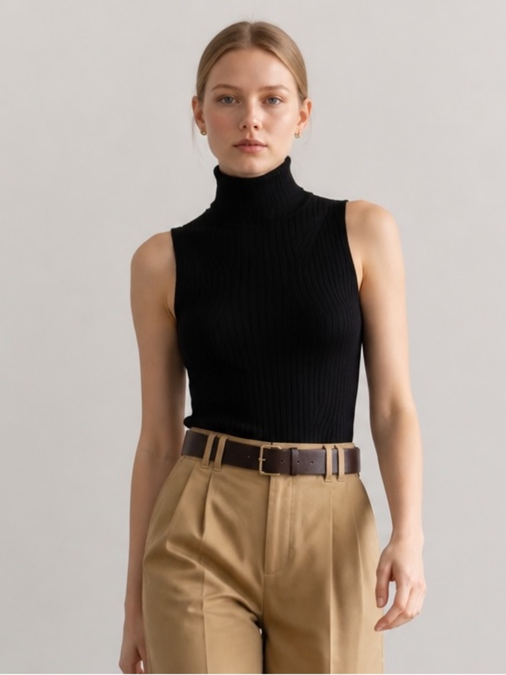 1540 • Black Viscose Blend  Rib Knit Sleeveless Mock-neck Top